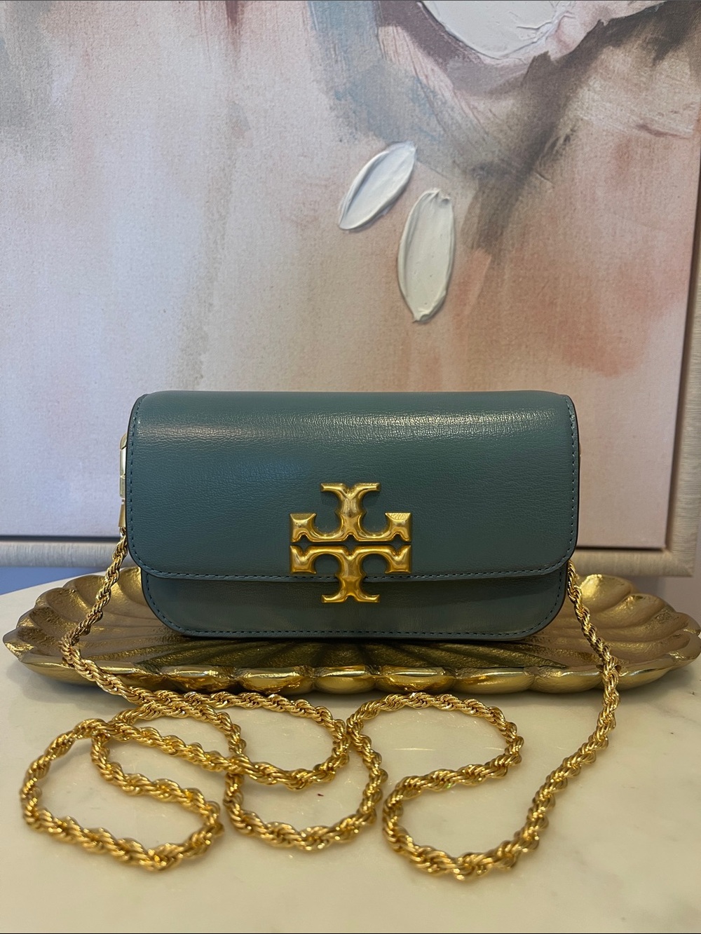 Tory Burch Teal Eleanor Leather Crossbody with Gold Logo Chain